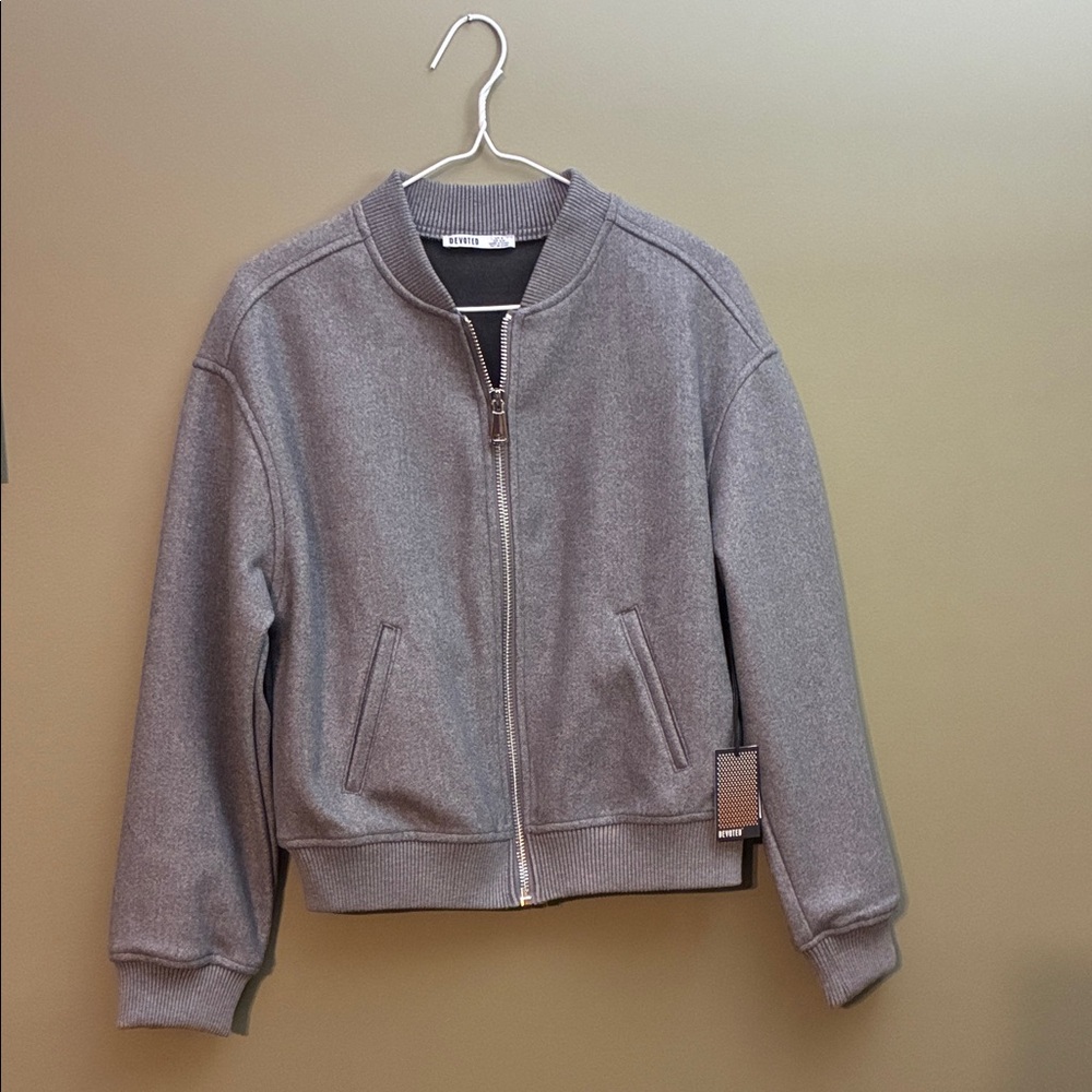 Devoted NWT Stylish Gray Bomber Jacket with Pockets and Metal Zipper
